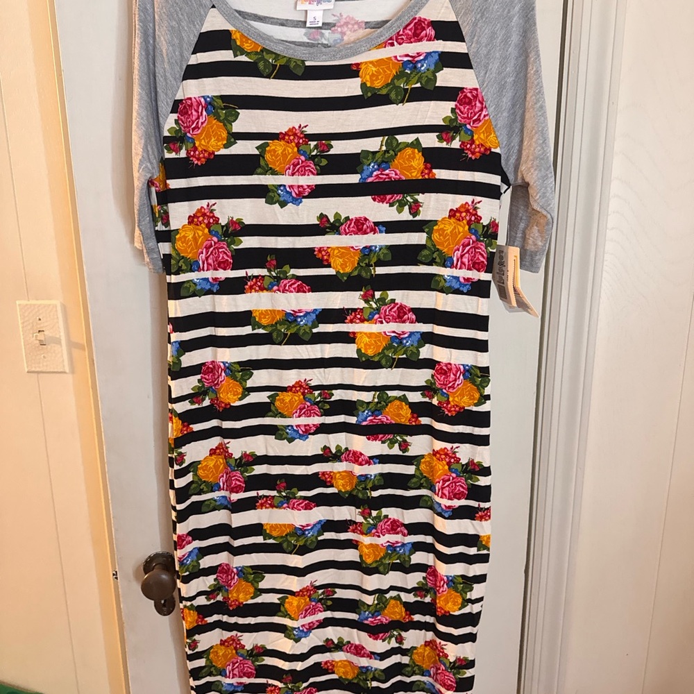 LuLaRoe Black, White, Pink & Yellow Floral Stripe Dress